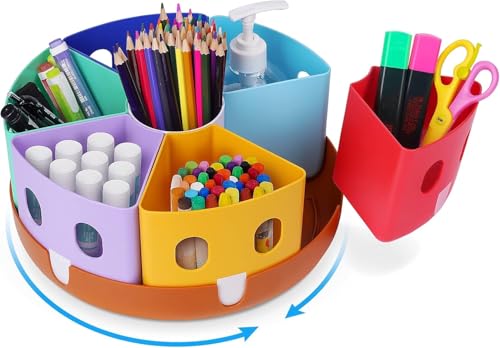 GAMENOTE Rotating Art Supply Organizer, Lazy Susan Caddy, Large | Rotating organizer keeps markers, crayons and craft supplies visible and easy to reach on classroom or home desks - size: Large, 11"d x 5"h