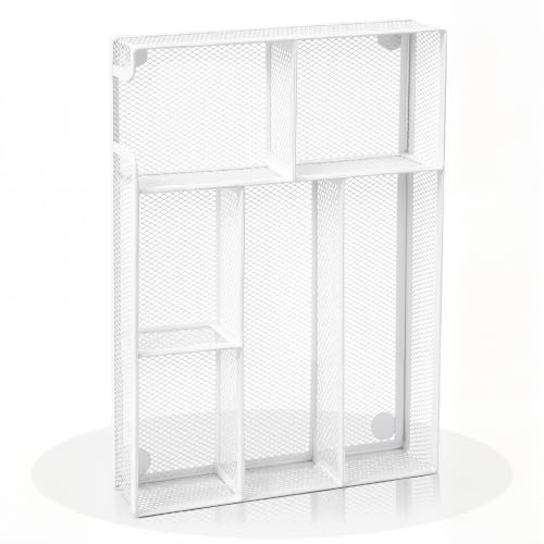 Desk Drawer Organizer, Office Drawer Divider Organizer Tray with 6 Compartments, Metal Mesh Desktop Organization and Accessories for Stationery Makeup Kitchen Toolroom School ＆ Office (Large-White) - size: Large-White