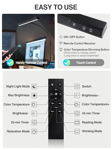 Schreibtischlampe LED Dimmbar,5 Farben+9 Helligkeitsstufen Monitor Lampe | 1000 Lumen Augenschutz LED Schreibtischlampe Klemmbar,12W Tischlampe mit Fernbedienung+ Touch-Steuerung für Büro/PC/Study - color: Black-US