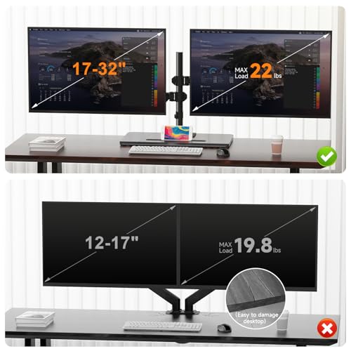 Pholiten Dual Monitor Stand with Wooden Base | Gas Spring Height Adjustable Arms, Each Holds 32 Inch Screen up to 22lbs, VESA Mount 75x75/100x100mm, Tilt/Swivel/Rotate - style: dual arms with pole