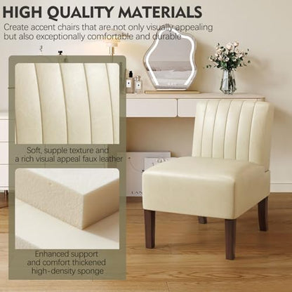 Armless Accent Chairs Set of 2 Upholstered Dining Chairs Living Room Chairs with Solid Wood Legs Bedroom Chair Leather Reading Chair Comfy Chair for Bedroom Vanity Kitchen (Beige) - color: Leather-beige