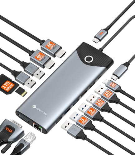 NOVOO 10Gbps USB-C Docking Station, 15-in-1 Dual/Triple 4K 60Hz HDMI & VGA | 100W PD Charging, 7USB-A+1USB-C, Gigabit Ethernet, SD/TF, Audio, Multiport Dock for MacBook HP Dell Lenovo Surface - style: 15-in-1