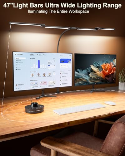 Desk Lamp Clamp Light 24W, Ultra Wide 4 Head Bars, 5 Color Modes Dimming, Multi-Screen Setup for Office, Architect, Black, Aluminum, Adapter Included - size: 4-Head Curved Gooseneck Desk Lamp