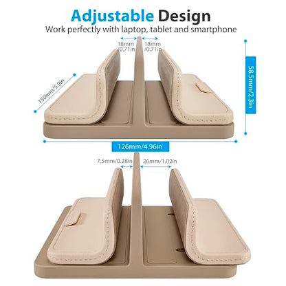Dual Vertical Laptop Stand, 3 in 1 Upright Desktop Stand Holder with Adjustable Dock (Up to 17.3''), Leather Laptop Rack Storage Desk Organizer for Phone, Tablet, MacBook/HP/Dell/Chrome Book (Apricot) - color: Apricot