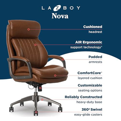 La-Z-Boy High-Back Ergonomic Office Chair, AIR Lumbar Support Leather Chair | Nova, 350lb Capacity Executive Task Chair, Padded Headrest & Arm, Layered Foam Seat Cushion, Swivel, Back Pain Relief, Cognac - color: Cognac