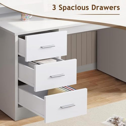 MaverickFurni White Desk with Drawers, 46" Home Office Desk with Hutch and Storage, Small Desk with 3 Drawers for Bedroom, White - color: White