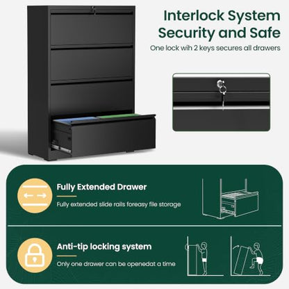 4 Drawer Lateral File Cabinet, Metal Filing Cabinet for Home Office, Black | Heavy-Duty Steel Locking Large File Cabinet, Hanging Letter/Legal/A4 Size, Full-Extension Silent Drawer, Un-Assembly - color: Black, size: 4 Drawers (35.43 in Width)
