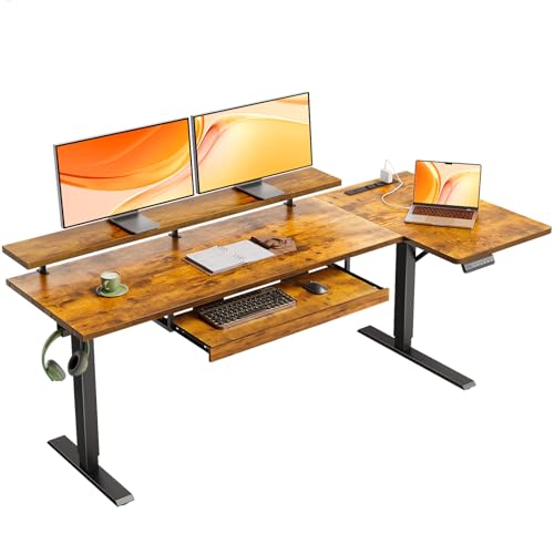OffiGo 63 Inch Reversible L Shaped Electric Standing Desk, Rustic Brown | Monitor Stand, Keyboard Tray, Power Outlets, 3 Memory Presets, Corner Stand Up Desk for Ergonomic Home Office, Workstaion - color: Rustic Brown, size: 63 Inch