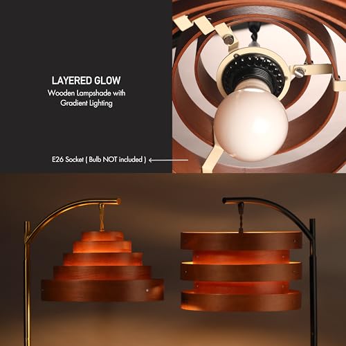 O’Bright Strata Wooden Floor Lamp - Mid Century Modern Standing Lamp with Layered Wood Shade, Tall Reading Lamp for Living Room, Bedroom, Office, Black, Dark Oak, Cascade Shade - color: Black-Dark Oak-Cascade