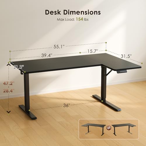 OffiGo 55" Reversible L Shaped Electric Standing Desk, Carbon Fiber Black - color: Carbon Fiber Black, size: 55 Inch