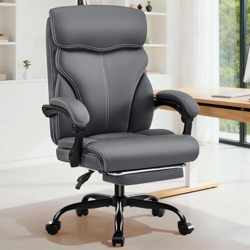 AreShark Office Chair - Ergonomic Comfortable High Back Computer Desk Chair with Foot Rest - Executive Breathable Swivel Rolling Reclining Leather Chair with Lumbar Support for Home Gaming Relaxing - color: Grey