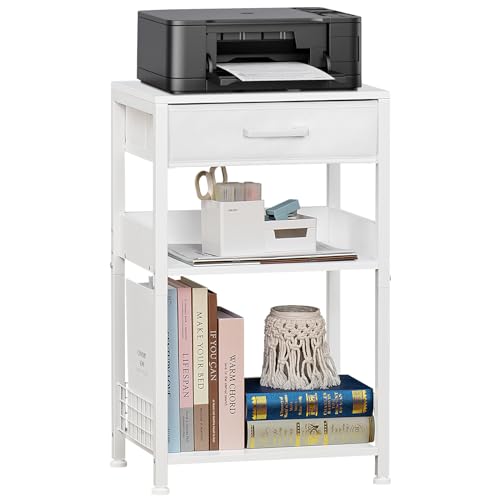 Lerliuo Printer Stand with Storage,3 Tier Home Office Organizer with Fabric Drawer,Industrial Style Printer Table for Printer, Scanner, Paper and Office Supplies - color: White
