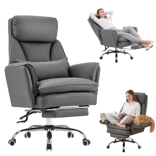 Big and Tall Office Chair, Executive Reclining Computer Gaming Chair with Foot Rest, Flip Armrest & Lumbar Pillow, Thicken Wider Seat for Criss Cross Legged Sitting, Desk Chair, PU, Grey - color: Grey