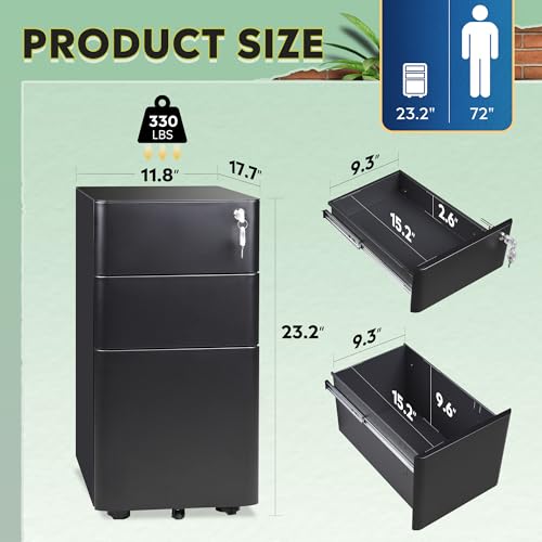DEVAISE 3 Drawer Mobile File Cabinet, Fully Assembled Except Casters | Metal Filing Cainet with Lock for Home Office, Fits Letter/Legal/A4 Size, 11.8 x 17.7 x 23.2 Inches, Black - color: Black, size: 11.8"W x 17.7"D x 23.2"H