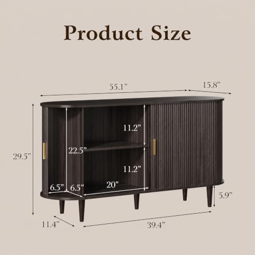 DHH Sideboard Buffet Cabinet with Storage,Mid Century Modern Fluted Accent Coffee Bar Console Table,Tambour Sliding Doors& Adjustable Shelf for Kitchen, Living Room, Entryway(Dark Walnut,55 Inch) - color: Dark Walnut, size: 55 Inch