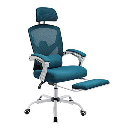 Simple Deluxe Home Office Desk Chair with Footrest, High-Back Mesh Rolling Swivel Reclining Chairs with Wheels, Comfortable Headrest, Lumbar Support, Comfy Arms - color: Blue