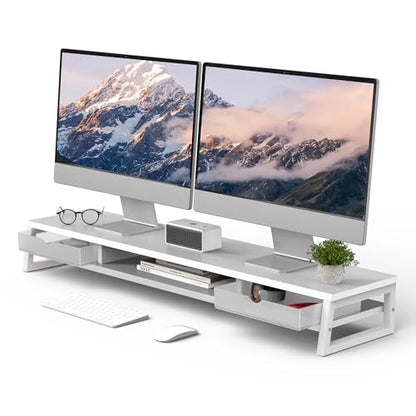 Fenge Dual Monitor Stand Riser, 42.5in Desk Shelf with 2 Drawers, White - color: White