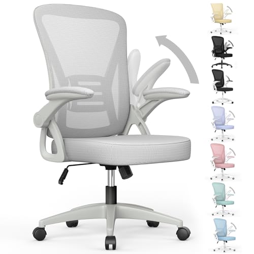 naspaluro Home Office Desk Chair Mid Back with Adjustable Height Grey | Comfy Ergonomic Chair with Flip-Up Arm and Lumbar Support, Breathable Mesh Swivel Computer Chair for Study Working Teacher - color: Grey