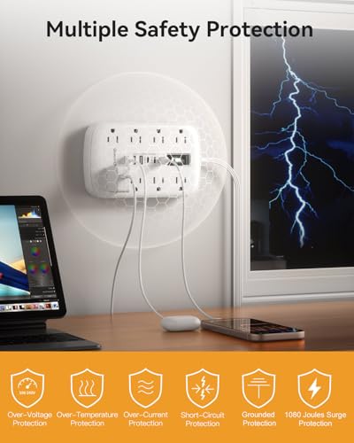 3FT Extension Cord with 6 USB(3 USB C) 8 Outlets, Flat Plug Power Strip - size: 3 FT-White-Three Prong