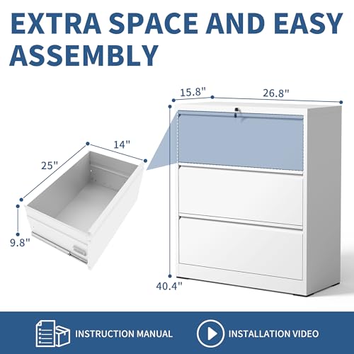 3 Drawer File Cabinet with Lock, Metal Lateral Filing Cabinets - color: White, size: 3 Drawer_ 26"W