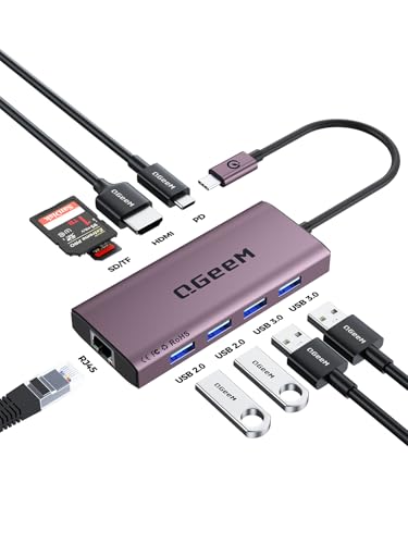 QGeeM USB C Hub Ethernet,9 in 1 USB Type C Hub HDMI Multi-Port Converter Adapter,100W Pd, USB 3.0,SD/TF Card Reader,Compatible for MacBook Pro Air Ipad HP Dell Lenovo Chromebook etc.-Violet - color: Purple