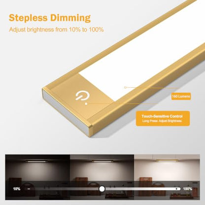 V4light Motion Sensor Cabinet Light, Rechargeable, Dimmable, 2Pcs, 9in | Gold aluminum, magnetic wireless, 1800mAh, 3 color temps & dimmable, ideal for kitchen cabinets, shelves & closets - color: Gold