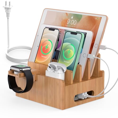 Pezin & Hulin Bamboo Charging Station for Multiple Devices with 5 Port USB Charger,5Cables,Smart Watch&Earbuds Stand, Desk Docking Stations Electronic Organizer for Cell Phone, Tablet (Natural) - color: With Charger