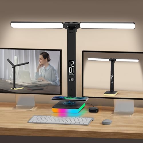 LED Desk Lamp with Charger, USB Charging Port, Dual Swing Arm Desk Light with 5 Brightness, 3 Colors, Table Lamp with Clock, Alarm, Date, Temperature, Desk Lamp for Home Office Study (Black) - color: Dual-Head Black