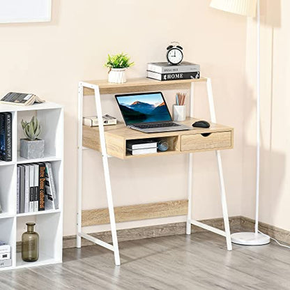 HOMCOM Home Office Desk with A Frame for Small Spaces, Natural | Computer Desk, Writing Table, with Drawer, Storage Shelves - color: Natural