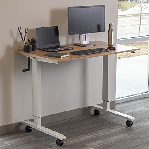Stand Up Desk Store Crank Adjustable Height Rolling Standing Desk (White Frame/Natural Walnut Top, 48" Wide) - color: White Frame/Natural Walnut Top, size: 48 Inches Wide