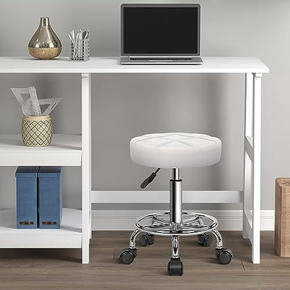KKTONER Round Rolling Stool Chair PU Leather Height Adjustable Swivel Drafting Work SPA Shop Medical Salon Stools with Wheels Office Chair Small (White) - color: White