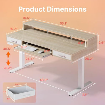 HUANUO 55″ x 26″ Electric Standing Desk with 2 Drawers &24.4″ Large Keyboard Tray, C-Clamp Mount Compatible, Adjustable Computer Desk for Office, Sit Stand Up Desk with 4 Height Presets, Light Walnut - color: Light Walnut, size: 55*26 inch