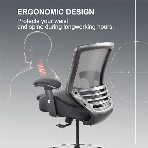 400lbs Office Drafting Chair Wide Dual Seat Cushion for High Standing Desk with Lumbar Support and Enlarged Adjustable Footrest-Black - color: Black