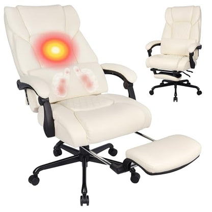 3D Kneading Massage Office Chair with Heat, 500 lbs Big and Tall Executive Computer Desk Recliner, Leather Electric Heated Office Chairs with Massage & Footrest - color: Beige