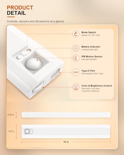4-Pack 10 Inch Wireless Under Cabinet Lighting, 3 Color Motion Sensor Light - color: White | 3CCT