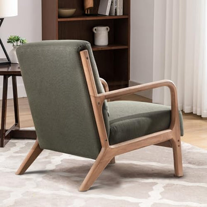 INZOY Mid Century Modern Accent Chair with Wood Frame, Upholstered Living Room Chairs with Waist Cushion, Reading Armchair for Bedroom Sunroom (Green) - color: A-blackish Green