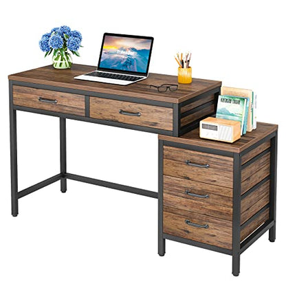 LITTLE TREE 5 Drawers Computer Desk, Desk with Reversible File Drawer Cabinet for Home Office, Brown - color: Brown