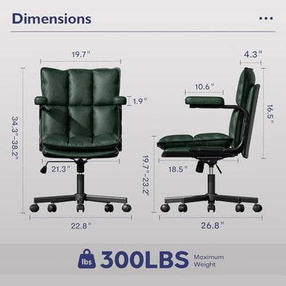 Ollega Green Petite Office Chair for Women Small to Medium Frame, Mid Century Modern Desk Chair with Arms, Soft Back&Seat, Adjustable Height, Wheels, Vintage Leather Computer Chair for Small Space