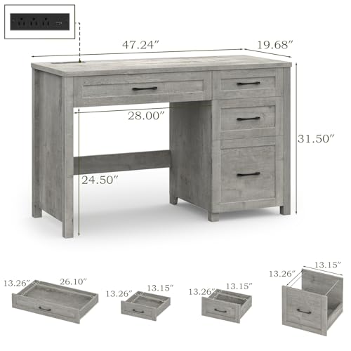 Vabches Farmhouse 47" Computer Desk, Executive Desk with File Drawer, Grey | Workstation, Charging Station, for Study, Home Office - color: Grey