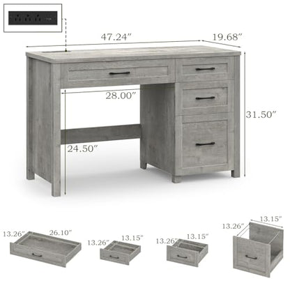 Vabches Farmhouse 47" Computer Desk, Executive Desk with File Drawer, Grey | Workstation, Charging Station, for Study, Home Office - color: Grey