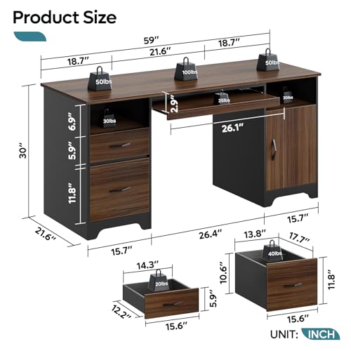Bestier 59" Office Desk with File Drawer, Keyboard Tray & 2 Drawers, Cherry | File Drawer For Letter/A4/Legal Folders, 2 Storage Drawers, Keyboard Tray, Cable Management, 200 LBS Capacity, Cherry Finish - color: Cherry&black