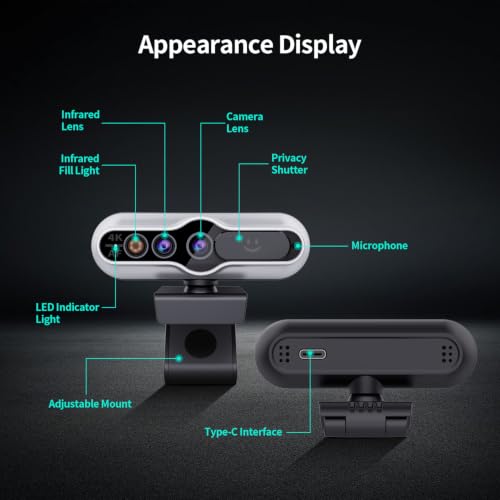 TOALLIN 4K Webcam for PC, Windows Hello Compatible, IR Facial Recognition