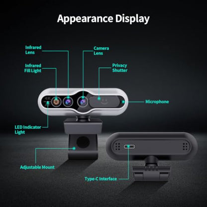 TOALLIN 4K Webcam for PC, Windows Hello Compatible, IR Facial Recognition
