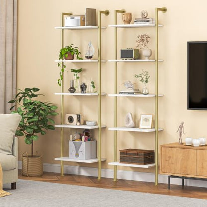 5-Tier Bookshelf,Solid Wood Narrow Bookcase Set of 2,Wall Mount Ladder Shelf,Wooden Storage Shelves for Bedroom,Home Office,Living Room,White and Gold - color: Solid Wood White+gold-2pcs