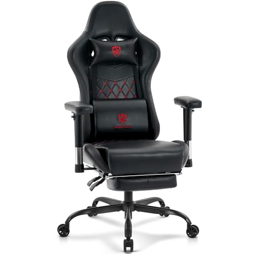 Gaming Chair,Office Chair with Footrest,Massage,Black Red | Gel Pad,Ergonomic,Spring Cushion,High Back,2D Adjustable Arms,Reclining,Lumbar Support,Headrest,Leather Gamer Chair - color: Black Red