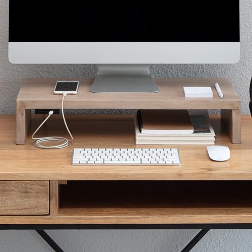 Anji Mountain Wooden Monitor Stand - Elegant Monitor Riser, Perfect Monitor Stand for Desk Organization, Durable Wood Construction monitor stands, Enhances Ergonomics and Workspace Efficiency,Biscotti - color: Biscotti, size: With Power Source