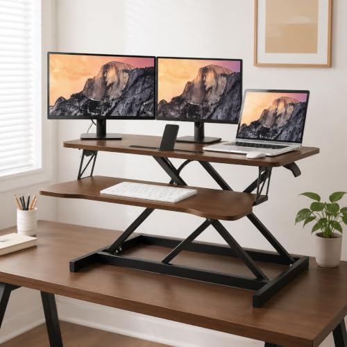32" Height Adjustable Sit Stand Desk Converter, Dual Monitor Laptop Riser, Black (Desk Converter (Walnut)) - color: Desk Converter (Walnut)
