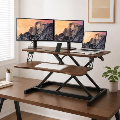 32" Height Adjustable Sit Stand Desk Converter, Dual Monitor Laptop Riser, Black (Desk Converter (Walnut)) - color: Desk Converter (Walnut)