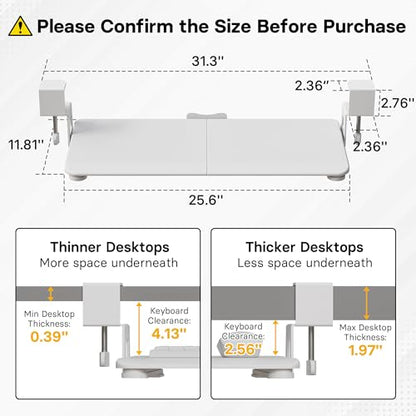 BONTEC Under Desk Keyboard Tray, Pull-Out Keyboard & Mouse Platform | C-Clamp Mount, Space-Saving Ergonomic Slide-Out Drawer, 31.3 in Including Clamps, 25.6 x 11.8 in Tray, White - color: White, size: 25.6" x 11.8"