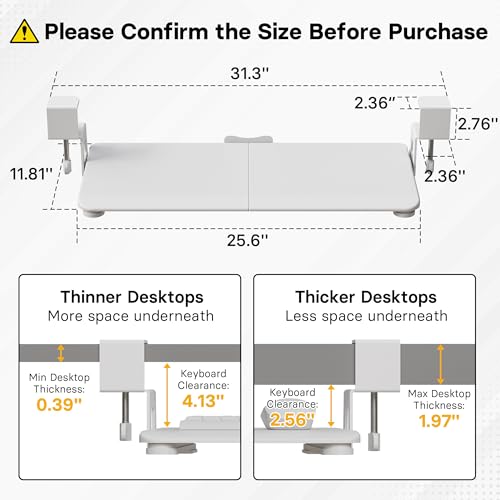 BONTEC Under Desk Keyboard Tray, Pull-Out Keyboard & Mouse Platform | C-Clamp Mount, Space-Saving Ergonomic Slide-Out Drawer, 31.3 in Including Clamps, 25.6 x 11.8 in Tray, White - color: White, size: 25.6" x 11.8"